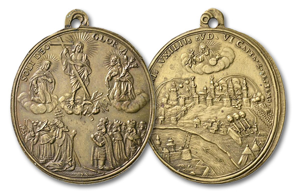14 – 549. Budapest. On the victory of the Imperial troops over the Turks. Brass medal 1686. Very rare. FDC. Estimate: 600 euros. Starting price 360 euros
