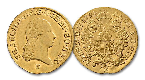 11 – 370. Holy Roman Empire. Francis I (1745-1765). 1/2 ducat 1796, Karlsburg. From Lanz sale 110, 244. Extremely fine. Estimate: 6,000 euros. Starting price: 3,600 euros