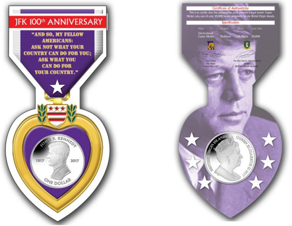 British Virgin Islands 2017 JFK Centenary $1 Coin purple heart packaging. Images courtesy Pobjoy Mint
