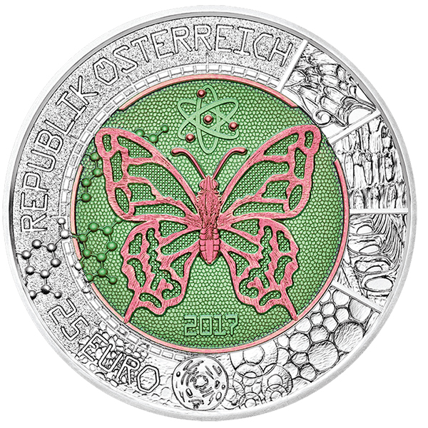 Obverse, Austria 2017 The Microcosm 25 Euro Silver Niobium Coin. Image courtesy Austrian Mint