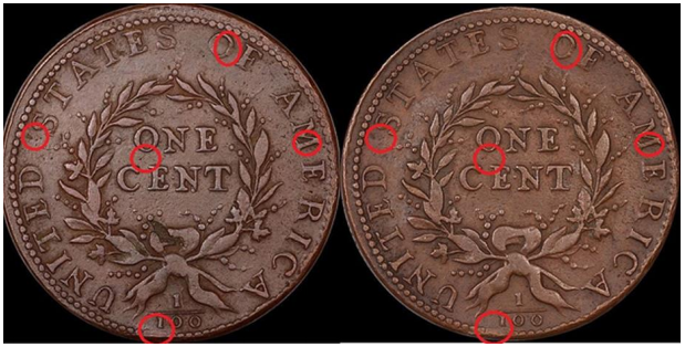 1793 S-5 Wreath Cent Counterfeit, common reverse sister marks