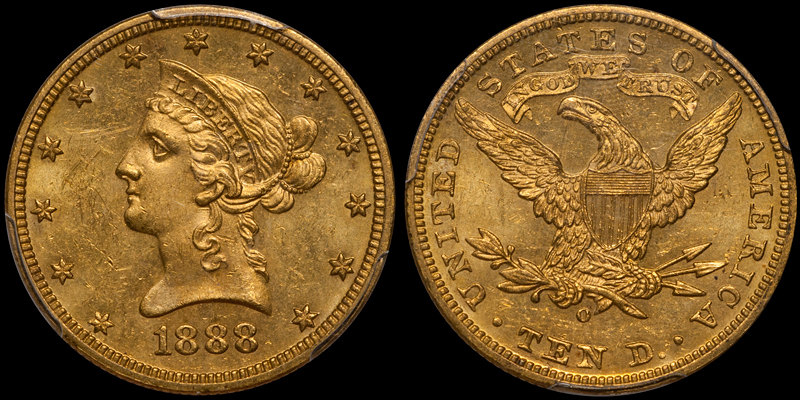 1888-O With Motto $10.00 Gold Eagle, PCGS MS63. Images courtesy Doug Winter