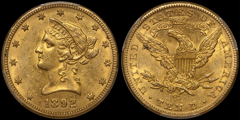 1892-O With Motto $10.00 Gold Eagle, PCGS MS62+ CAC. Images courtesy Doug Winter