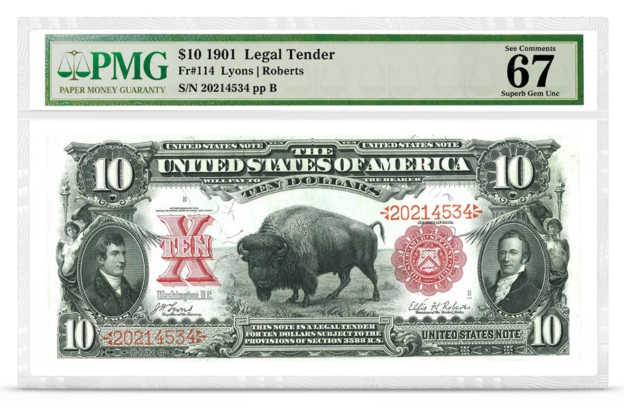 $10 1901 Legal Tender, Fr#114, Graded PMG 67 Superb Gem Uncirculated, front