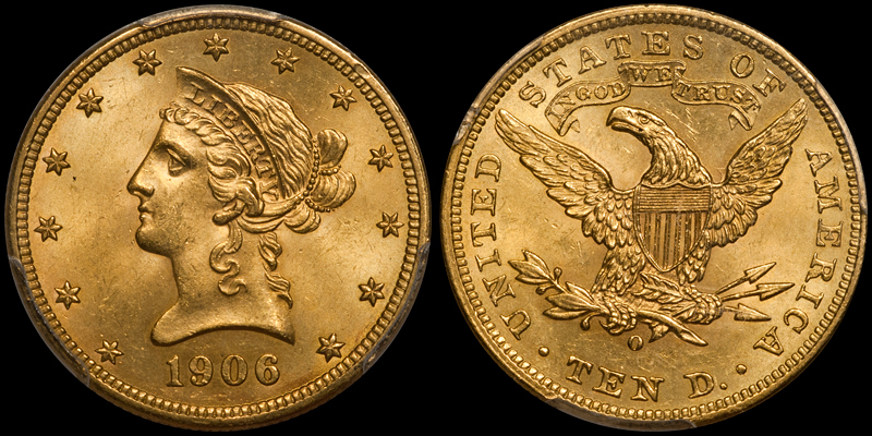 1906-O With Motto $10.00 Gold Eagle, PCGS MS64+ CAC. Images courtesy Doug Winter