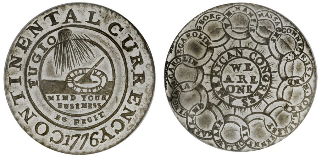1776 pewter Continental Dollar. Images courtesy Spink USA
