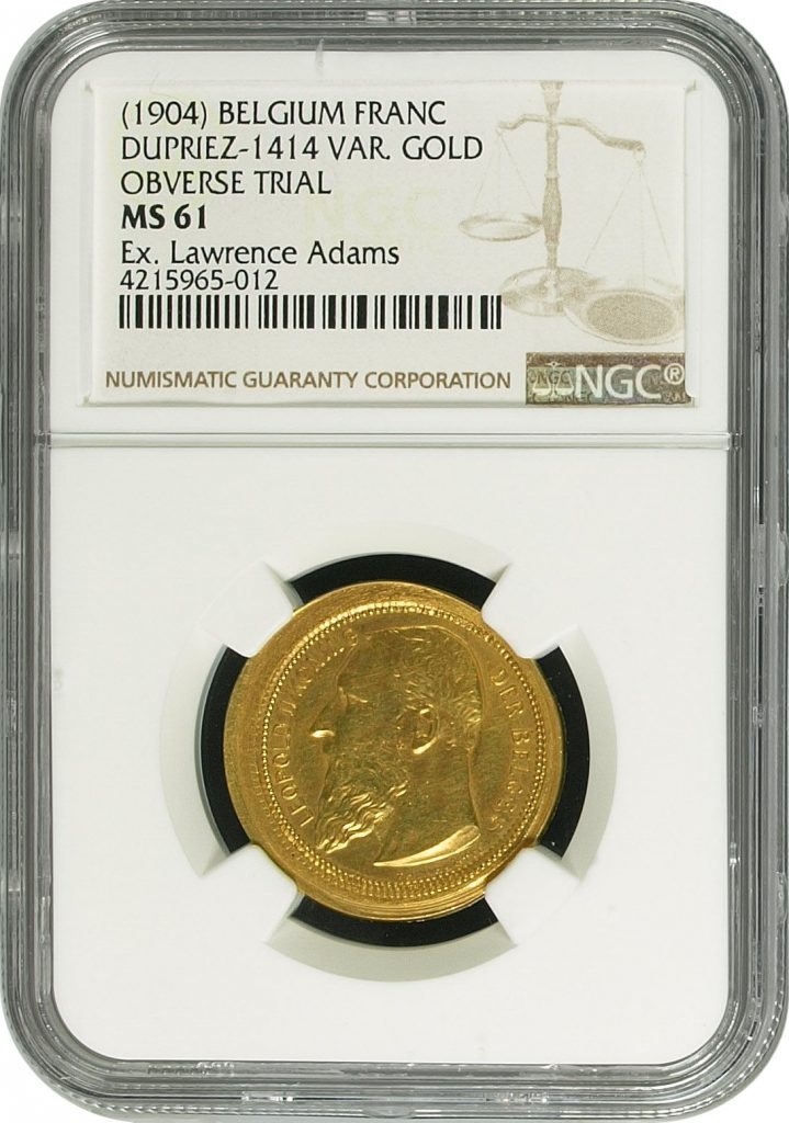 Obverse, Belgium 1904 gold overstrike, NGC. Image courtesy Mike Byers and Mint Error News