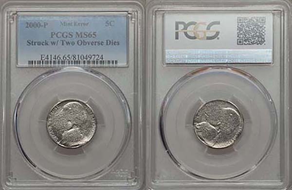 United States 2000-P Jefferson Nickel struck with two obverse dies in PCGS holder. Images courtesy Mike Byers and Mint Error News