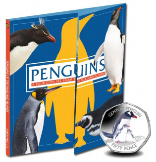 Falkland Islands 2017 Gentoo Penguin colored coin presentation set. Image courtesy Pobjoy Mint