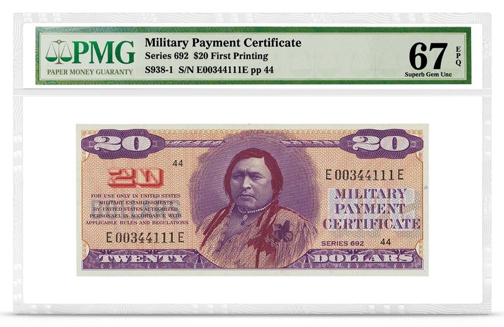 Military Payment Certificate, Series 692, $20, Graded PMG 67 Superb Gem Uncirculated EPQ, front