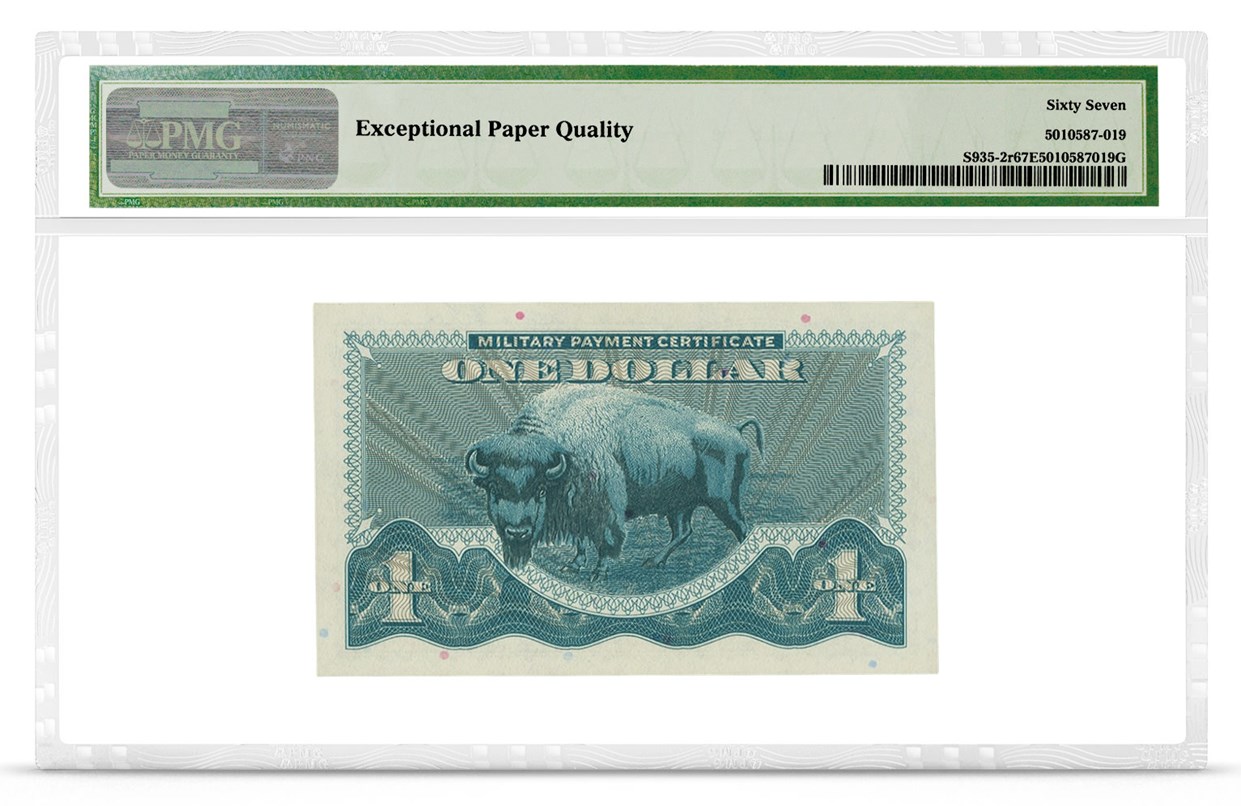Military Payment Certificate, Series 692, $1, Graded PMG 67 Superb Gem Uncirculated EPQ, back