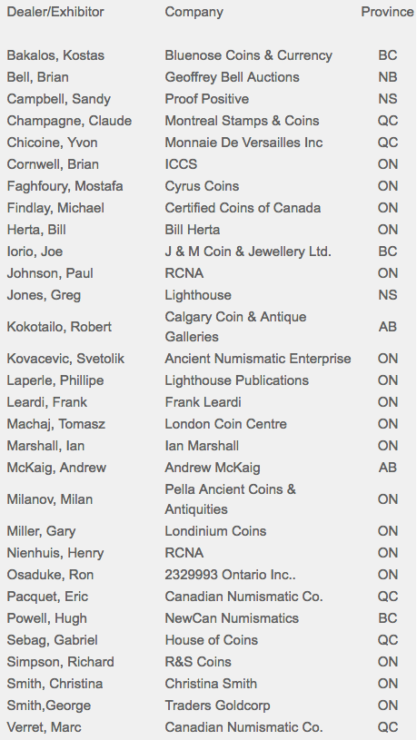TOREX - Canada's National Coin Show - June 2017 dealers list