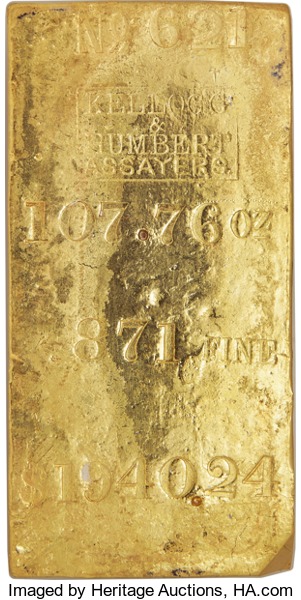 107.76-ounce Kellogg & Humbert gold ingot recovery from SS Central America shipwreck. Image courtesy Heritage Auctions