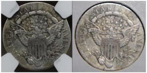 Reverse, plugged example, 1807 dime