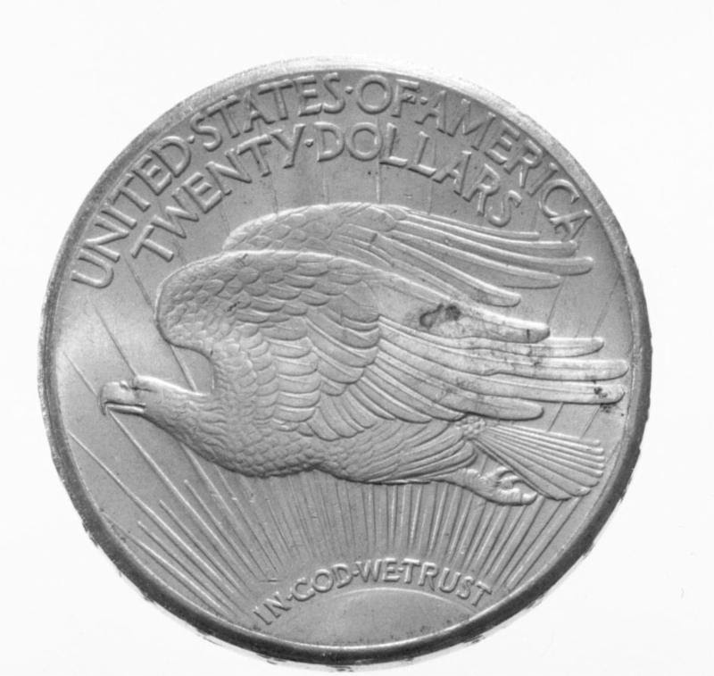 Reverse, Saint-Gaudens $20 double eagle gold coin stolen from Swedish Royal Coin Cabinet. Image courtesy Doug Davis, NCIC