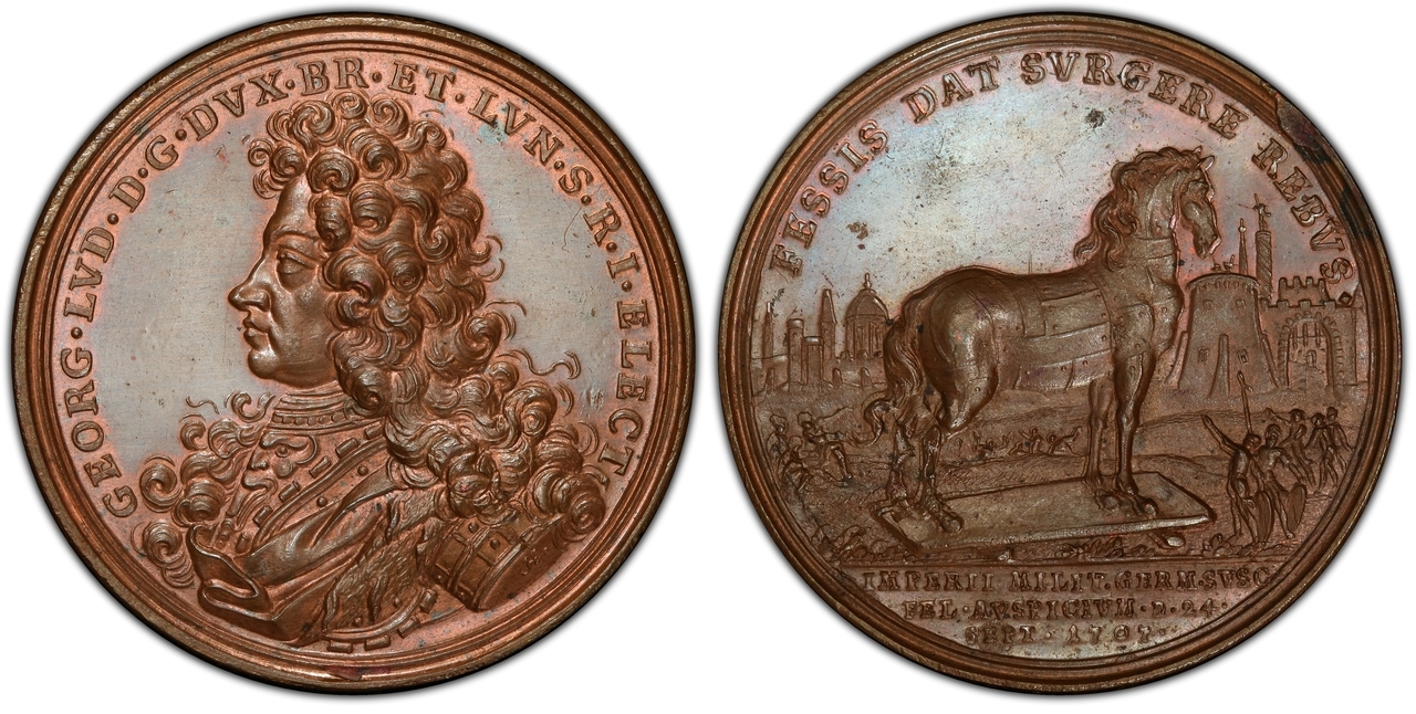GREAT BRITAIN. George I. 1707 AE Medal. PCGS SP64. By P. H. Müller. Images courtesy Atlas Numismatics