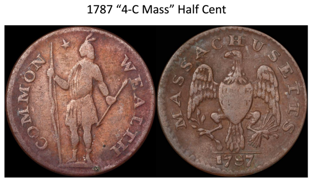 1787 Massachusetts 4C half cent counterfeit attribution 1