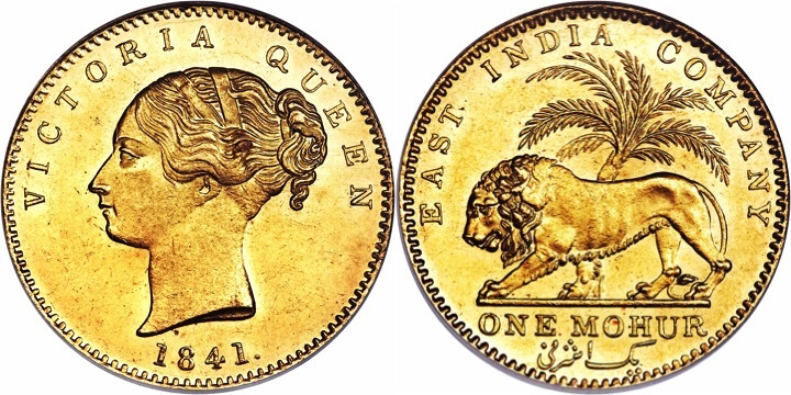 1841-(B) British India East India Company - Victoria Gold Mohur, Bombay mint. NGC MS63. Images courtesy Numisempo, MA-Shops.com