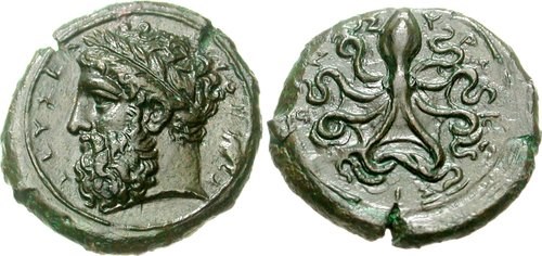 Ancient greek copper Onkia from Syracuse. Images courtesy Classical Numismatic Group, NGC