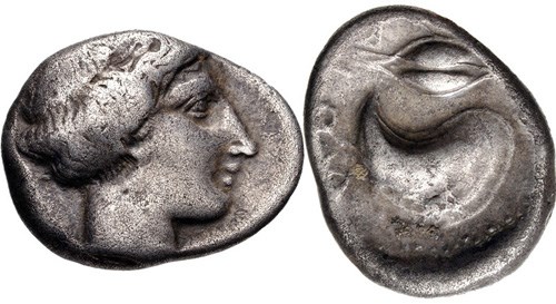A didrachm from Cumae. Images courtesy Classical Numismatic Group, NGC