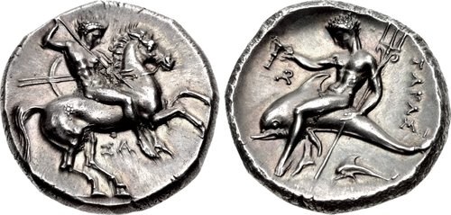 A didrachm from Taras. Images courtesy Classical Numismatic Group, NGC