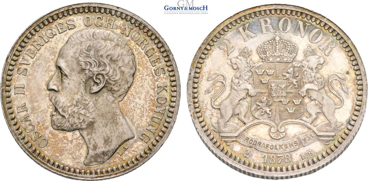 2 Kronen 1878 OCH. SCHWEDEN Oskar II. Images courtesy Gorny & Mosch, MA-Shops.com