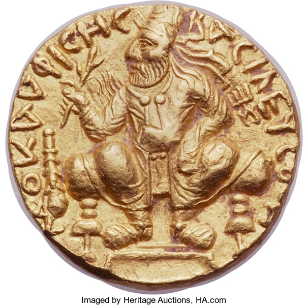 An ancient Kushan gold distater (double dinar) of Vima Kadphises. Image courtesy Heritage auctions