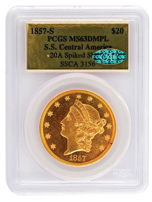 1857-S $20 gold double eagle PCGS MS63 DMPL SS Central America CAC