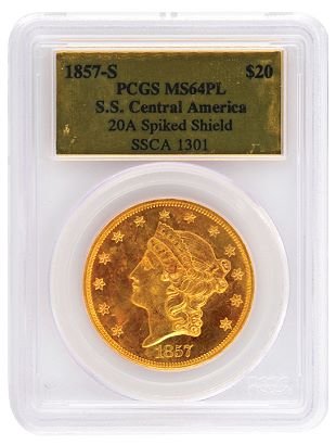 1857-S $20 gold double eagle PCGS MS64 PL SS Central America CAC