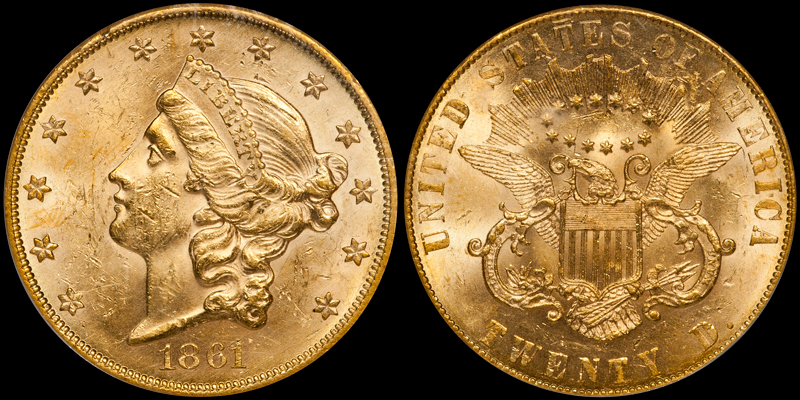 ONE OF TWO 1861 PAQUET DOUBLE EAGLES, GRADED PCGS MS61. Images courtesy Doug Winter
