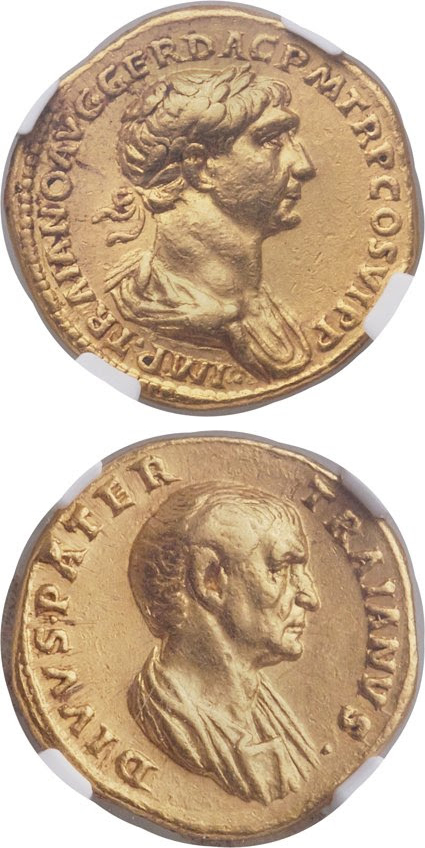 Ancient Roman gold aureus of Trajan honoring his father. Images courtesy Heritage Auctions