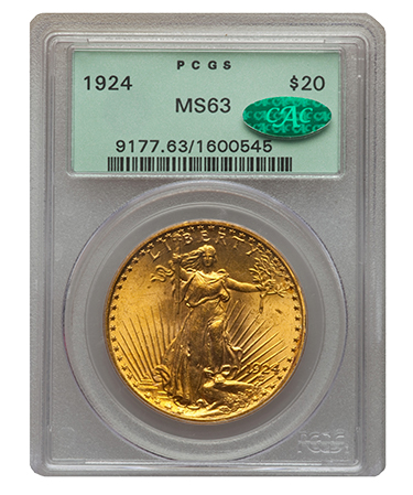 A photograph of a 1924 Saint-Gaudens $20 gold coin graded PCGS MS63 CAC.