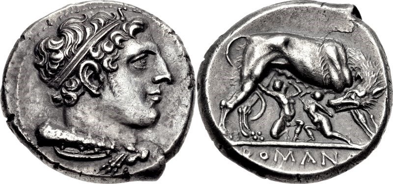 Ancient Coins: Didrachm of c.275 to 255 BCE. It shows the head of Heracles and the she-wolf suckling Romulus. Images courtesy CNG, NGC