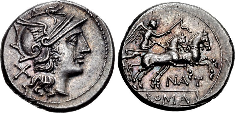 A denarius of c.155 B.C. issued by the moneyer Pinarius Nata. Images courtesy CNG, NGC