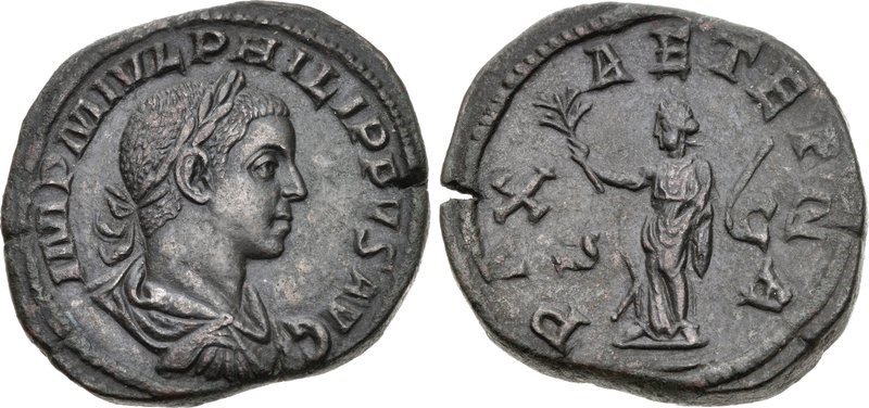 A bronze sestertius issued in 247 CE by the emperor Philip II. Images courtesy CNG, NGC