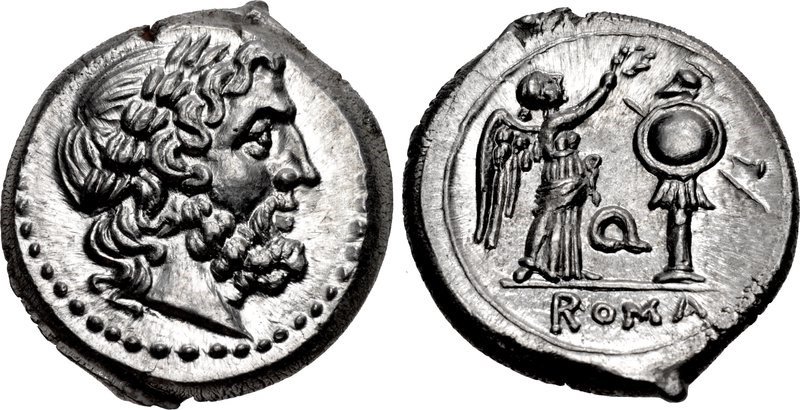 A Victoriatus issued c.211-210 BCE. Images courtesy CNG, NGC