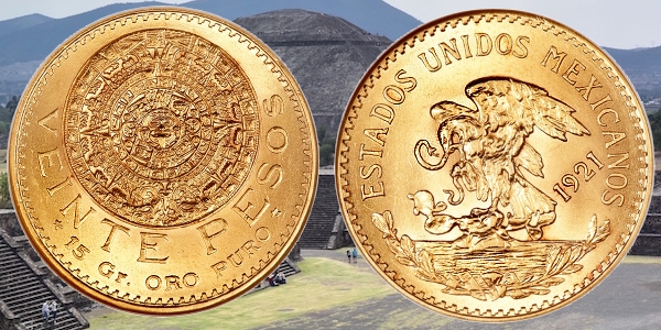 Mexico 1921 Aztec Sunstone 20 Peso Gold Coin