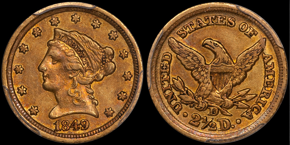 1849-D $2.50 PCGS AU50 CAC. Images courtesy Doug Winter