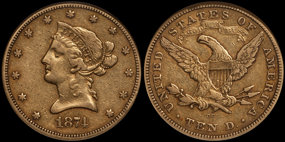 1874-CC $10.00 NGC EF45. Images courtesy Doug Winter