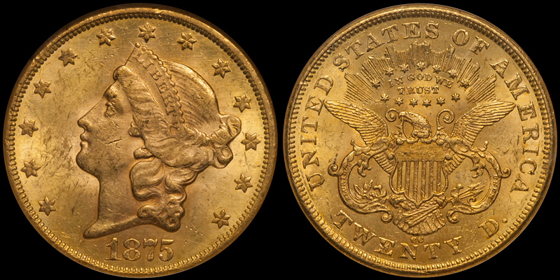 1875-CC $20.00 PCGS MS61 CAC. Images courtesy Doug Winter