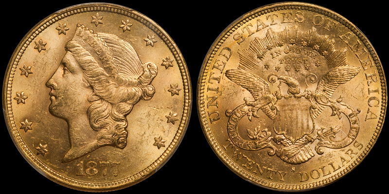 1877-S $20.00 PCGS MS62 CAC. Images courtesy Doug Winter