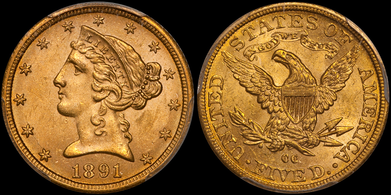 1891-CC $5.00 PCGS MS63 CAC. Images courtesy Doug Winter