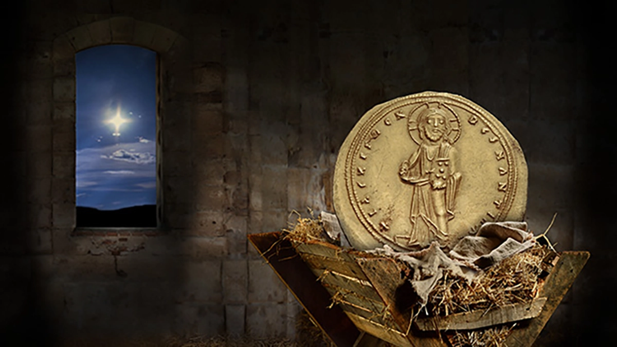 The image of Jesus as it appeared on a gold coin from the Byzantine empire.