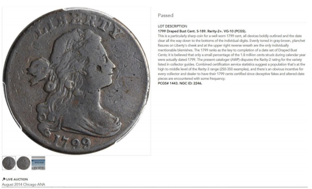 Counterfeit 1799 large cent in 2014 ANA Stack's Bowers Auction