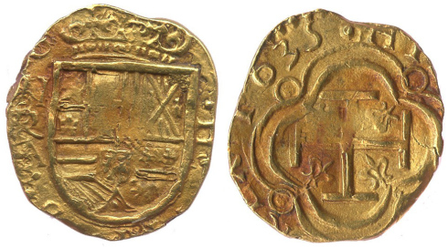 Bogota, Colombia, cob 2 escudos, 1635 assayer A, from the “Mesuno hoard”. Images courtesy Daniel Frank Sedwick, LLC