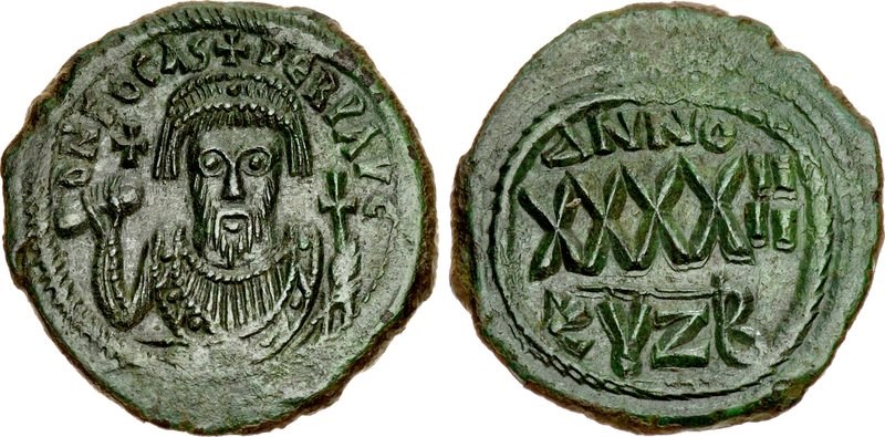 Antik Bizans bronz sikkeleri, 40 numara Phocas (MS 602-610).  Görüntüler CNG, NGC izniyle sağlanmıştır