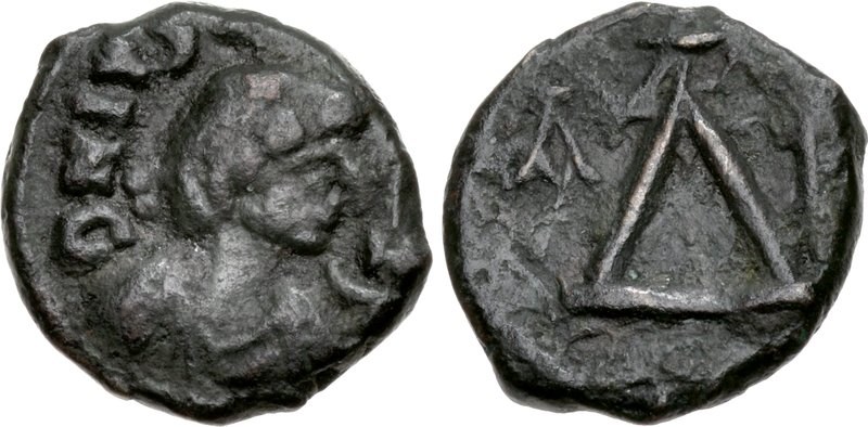 Antik Bizans bronz sikkeleri, Selanik'ten I. Justinianus'un 4 nummisi.  Görüntüler CNG, NGC izniyle sağlanmıştır
