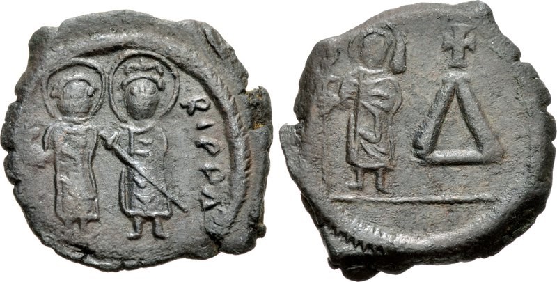Antik Bizans bronz sikkeleri, Maurice Tiberius'un 20 nummisi.  Görüntüler CNG, NGC izniyle sağlanmıştır