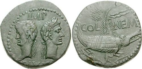 Augustus ve Marcus Agrippa portreleri ile Nemausus'a ait bronz.  Resimler NGC Ancients'in izniyle kullanılmıştır