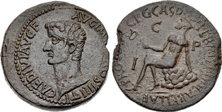 Roma İmparatorluk İl parası: İmparator Tiberius'un Sestertius büyüklüğünde bronz.  Resimler NGC Ancients'in izniyle kullanılmıştır